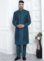 Art Silk Teal Blue Wedding Wear Embroidery Work Readymade Sherwani